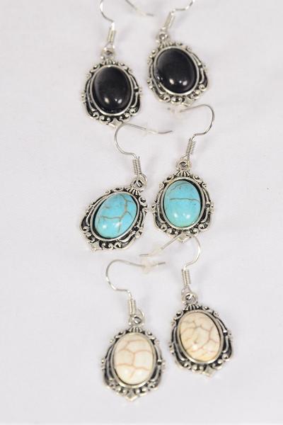 Earrings Metal Antique Oval Semiprecious Stone / 12 pair = Dozen Fish Hook , Size - 1" x 0.75" Wide , 4 Black , 4 Ivory , 4 Turquoise Asst , Earring Card & OPP Bag & UPC Code -