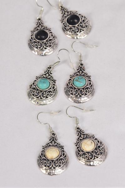Earrings Metal Antique Aztec Western Look Semiprecious Stone / 12 pair = Dozen Fish Hook , Size - 1.25" x 1" Wide , 4 Black , 4 Ivory , 4 Turquoise Asst , Earring Card & OPP Bag & UPC Code 
