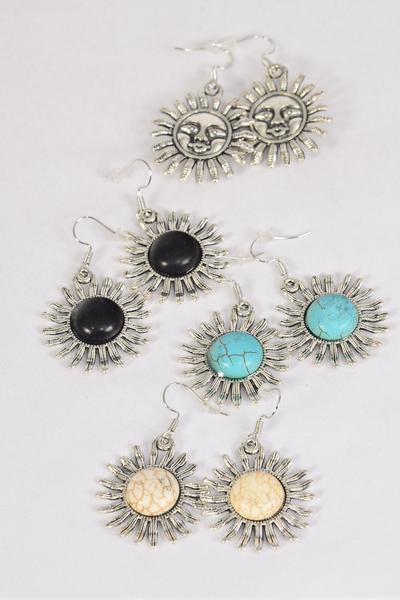 Earrings Metal Antique Semiprecious Stone Sun Double Sided / 12 pair = Dozen Fish Hook , Double Sided , Size - 1.5" x 1" Wide , 4 Black , 4 Ivory , 4 Turquoise Asst , Earring Card & OPP Bag & UPC Code