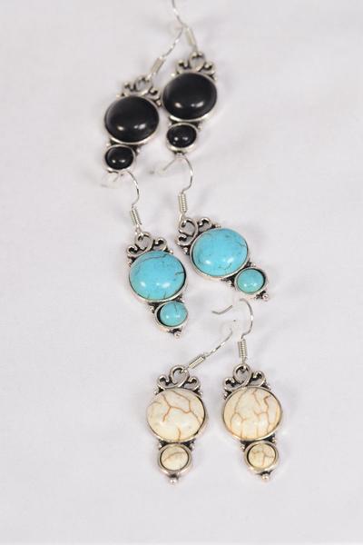 Earrings Metal Antique Dangle Western Look Semiprecious Stone / 12 pair = Dozen Fish Hook , Size - 1.25" x 0.75" Wide , 4 Black , 4 Ivory , 4 Turquoise Asst , Earring Card & OPP Bag & UPC Code 