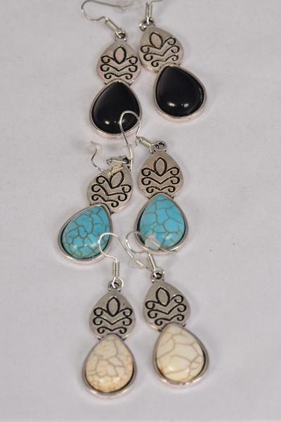 Earrings Metal Antique Aztec Western Look Teardrop Semiprecious Stone / 12 pair = Dozen Fish Hook , Size - 1.25" x 0.75 Wide , 4 Black , 4 Ivory , 4 Turquoise Asst , Earring Card & OPP Bag & UPC Code 