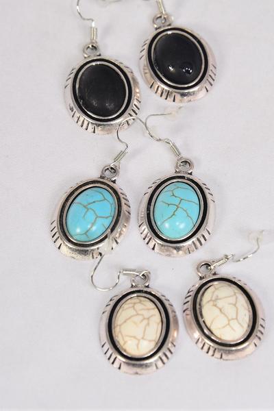 Earrings Metal Antique Oval Semiprecious Stone / 12 pair = Dozen Fish Hook , Size-1.25" x 1" Wide , 4 Black , 4 Ivory , 4 Turquoise Asst , Earring Card & OPP Bag & UPC Code