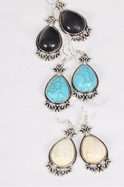 Earrings Metal Antique Teardrop Dangle Semiprecious Stone / 12 pair = Dozen  match 70078 Fish Hook , Size - 1.5" x 0.75" Wide , 4 Black , 4 Ivory , 4 Turquoise Asst , Earring Card & OPP Bag & UPC Code -