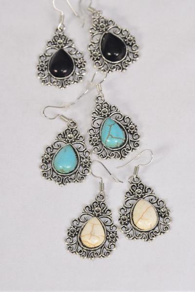 Earrings Metal Antique Teardrop Semiprecious Stone / 12 pair = Dozen Fish Hook , Size - 1.25" x 1" Wide , 4 Black , 4 Ivory , 4 Turquoise Asst , Earring Card & OPP Bag & UPC Code