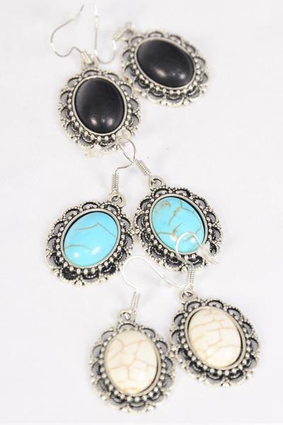 Earrings Metal Antique Oval Dangle Semiprecious Stone / 12 pair = Dozen Fish Hook , Size - 1.25" x 1" Wide , 4 Black , 4 Ivory , 4 Turquoise Asst , Earring Card & OPP Bag & UPC Code -