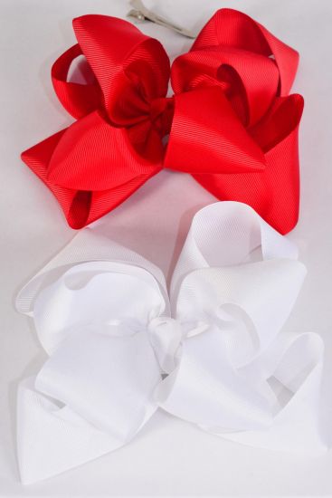 Hair Bow Cheer type Bow Double Layered Red White Mix Grosgrain Bow-tie / 12 pcs Bow = Dozen Alligator Clip , Size - 6.5" x 6.5" Wide , 6 Red , 6 White Asst , Clip Strip & UPC Code