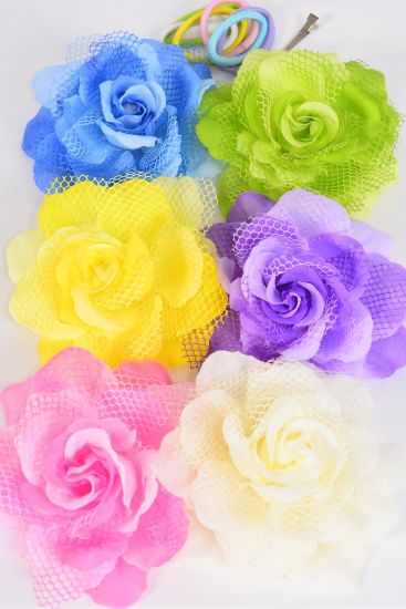 Flower Silk Flower Large Rose Pastel / 12 pcs = Dozen  Size - 5.5" Wide ,w  Alligator Clip & Brooch & Elastic Pony , 2 of each Color Asst , Display card & UPC Code , W Clear Box