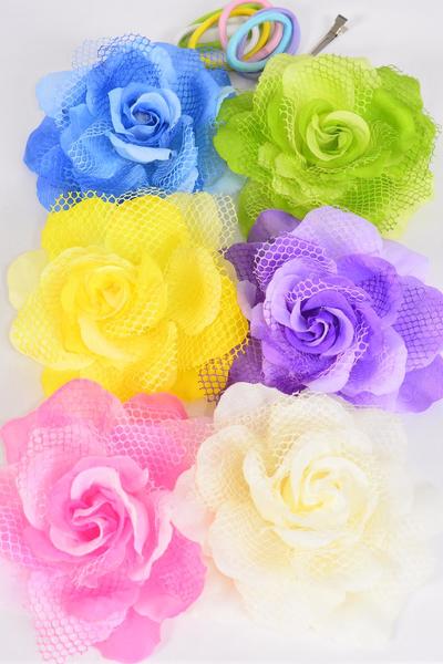 Flower Silk Flower Large Rose Pastel / 12 pcs = Dozen  Size - 5.5" Wide , Alligator Clip & Brooch & Elastic Pony , 2 of each Color Asst , Display card & UPC Code , W Clear Box