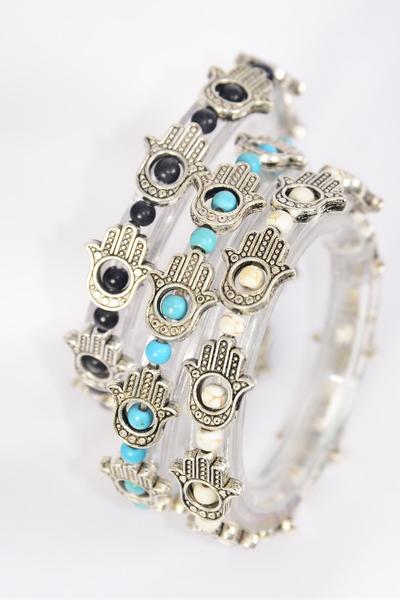 Bracelet Hamsa Evil Eye Center spinning Semiprecious Stones good luck and protection / 12 pcs = Dozen   Stretch , 4 Black , 4 Ivory , 4 Turquoise Asst , Hang Tag & OPP Bag & UPC Code