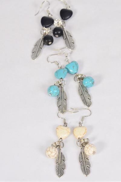 Earrings Metal Antique Feather & Hearts Semiprecious Stone / 12 pair = Dozen Fish Hook , 4 Black , 4 Ivory , 4 Turquoise Asst , Earring Card & OPP Bag & UPC Code