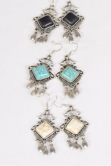 Earrings Metal Antique Dangles Semiprecious Stone / 12 pair = Dozen Fish Hook , Size - 1.5" x 1" Wide , 4 Black , 4 Ivory , 4 Turquoise Color Asst , Earring Card & OPP Bag & UPC Code