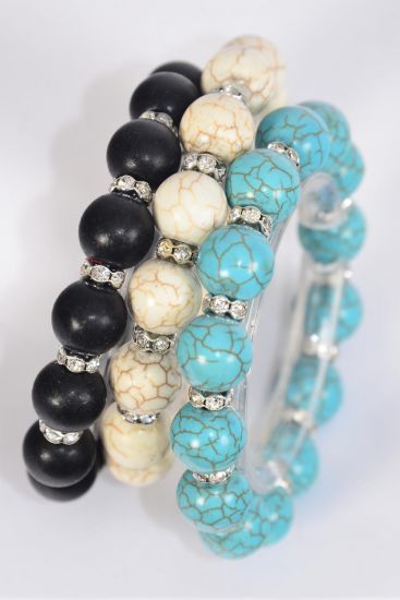 Bracelet 12 mm Semiprecious Stone Oval & Rhinestone Bezel Stretch / 12 pcs = Dozen  Black , 4 Ivory , 4 Turquoise Color Asst , Hang Tag & Opp Bag & UPC Code