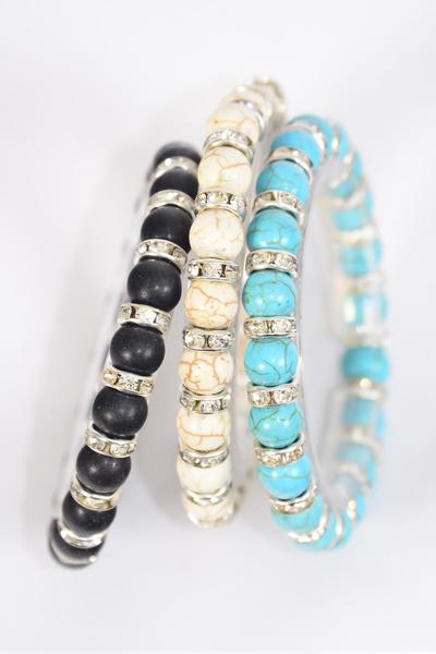 Bracelet 8 mm Semiprecious Stone Rhinestone Bezel Stretch / 12 pcs = Dozen Stretch , 4 Black , 4 Ivory , 4 Turquoise Color Asst , Hang Tag & Opp Bag & UPC Code