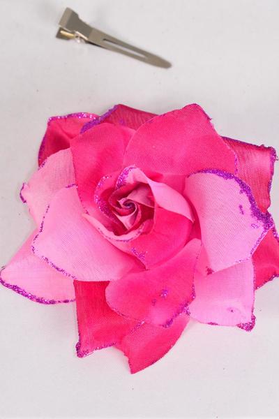 Flower Silk Flower 2 tone Rose Glitter Trim Fuchsia / 12 pcs Flower = Dozen Fuchsia , Size-4" Wide , Alligator Clip & Brooch , Display Card UPC Code , Clear Box