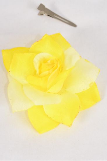 Flower Silk Flower 2 Tone Rose Glitter Trim Yellow / 12 pcs Flower = Dozen Yellow , Size - 4.5" Wide , Alligator Clip & Brooch , Display Card & UPC Code , W Clear Box