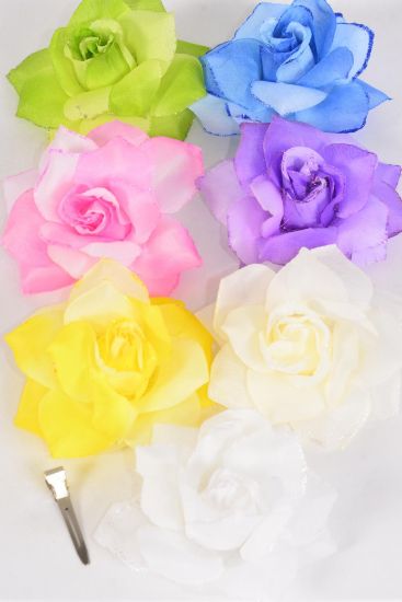 Flower Silk Flower 2 Tone Rose Glitter Trim Pastel / 12 pcs Flower = Dozen  Pastel , Size - 4" Wide , Alligator Clip & Brooch , 2 of each Color Asst , Display Card & UPC Code,Clear Box