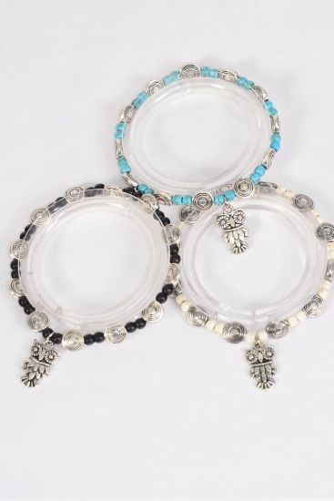 Bracelet Semiprecious Stone Owl Charm Stretch  / 12 pcs = Dozen Stretch , Black , 4 Ivory , 4 Turquoise Color Asst , Hang Tag & Opp Bag & UPC Code