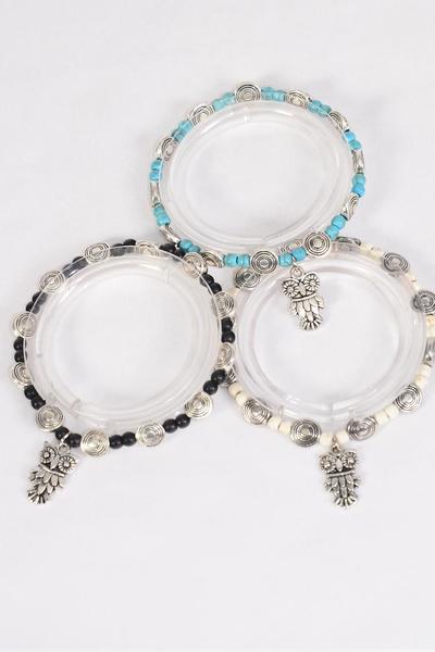 Bracelet Semiprecious Stone Owl Charm Stretch  / 12 pcs = Dozen Stretch , Black , 4 Ivory , 4 Turquoise Color Asst , Hang Tag & Opp Bag & UPC Code