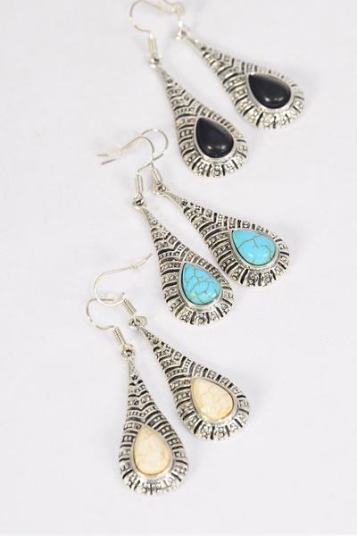 Earrings Metal Antique Teardrop Semiprecious Stone / 12 pair = Dozen Fish Hook , Size - 1.5" x 1" Wide , 4 Black , 4 Ivory , 4 Turquoise Asst , Earring Card & OPP Bag & UPC Code
