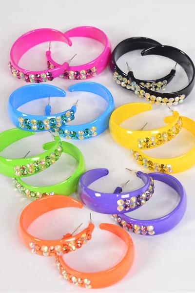 Earrings Acrylic Hoop Color Stone Mix Multi / 12 pair = Dozen  Post , Size - 2" Wide , 2  Black , 2 Fuchsia , 2 Blue , 2 Yellow , 2 Purple , 1 Lime , 1 Orange Color Asst , Earring Card & OPP bag & UPC Code