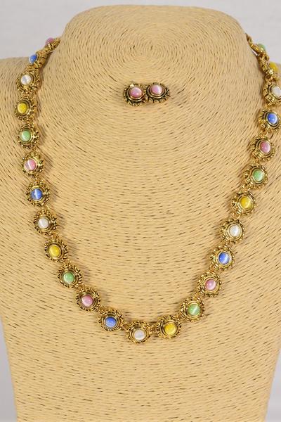 Necklace Sets Cateye Round Flower Shape Post / Sets Post , Size - 18", Display Card & OPP Bag & UPC Code 