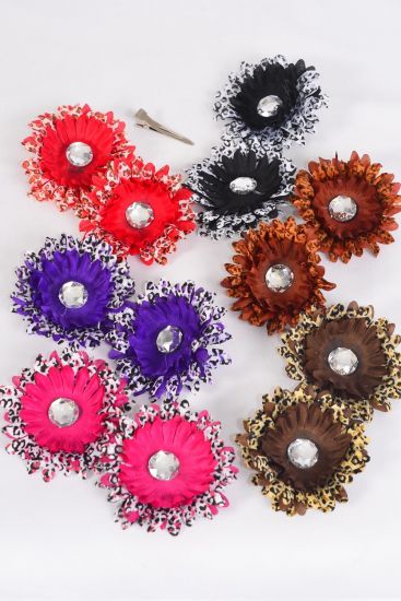 Flowers 24 pcs Alligator Clip Leopard Print Flowers / 24 pcs Flower = Dozen Flower Size - 2.75" Wide , 2 of each Color Asst , Display Card & UPC Code , 2 pcs per Card ,12 card = Dozen 