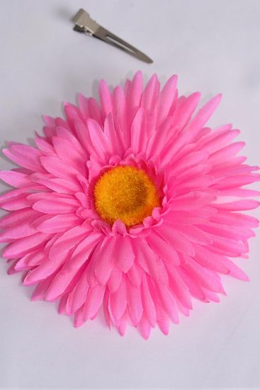 Flower Silk Flower Large Gerber Daisy Hot Pink / 12 pcs Flower = Dozen  Hot Pink , Size - 6" Wide , Alligator Clip & Brooch & Elastic Pony , Display Card & UPC Code , W Clear Box