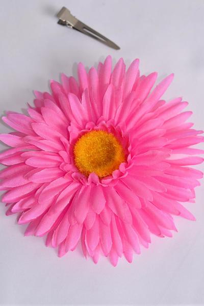 Flower Silk Flower Large Gerber Daisy Hot Pink / 12 pcs Flower = Dozen  Hot Pink , Size - 6" Wide , Alligator Clip & Brooch & Elastic Pony , Display Card & UPC Code , W Clear Box