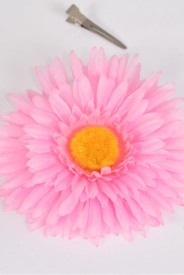 Flower Silk Flower Large Gerber Daisy Baby Pink / 12 pcs Flower = Dozen  Baby Pink , Size - 6" Wide , Alligator Clip & Brooch & Elastic Pony , Display Card & UPC Code , W Clear Box