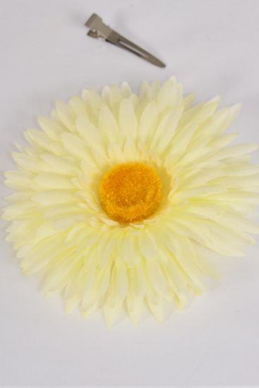 Flower Silk Flower Large Gerber Daisy Beige Cream / 12 pcs Flower = Dozen  Beige Cream , Size - 6" Wide , Alligator Clip & Brooch & Elastic Pony , Display Card & UPC Code , W Clear Box