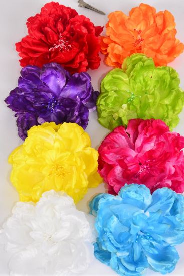Flower Silk Flower Large Peony Multi / 12 pcs Flower = Dozen Size - 5" Wide , Alligator Clip & Brooch , 2 Fuchsia , 2 Blue , 2 White , 2 Yellow , 1 Red , 1 Purple , 1 Lime , 1 Orange Color asst , W Clear Box