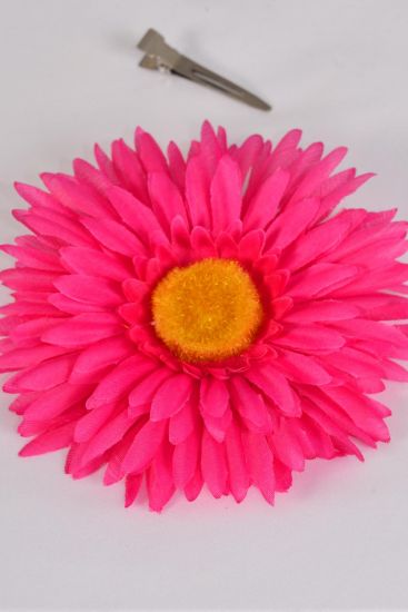 Flower Silk Flower Large Gerber Daisy Fuchsia / 12 pcs Flower = Dozen  Fuchsia , Size - 6" Wide , Alligator Clip & Brooch & Elastic Pony , Display Card & UPC Code , W Clear Box