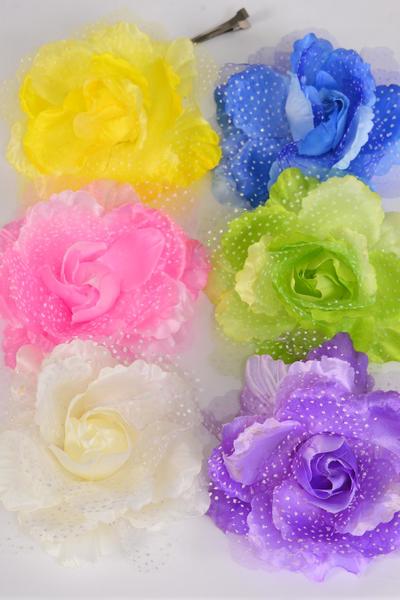 Silk Flower Large 2 tone Rose Baby Breath Pastel / 12 pcs Flower = Dozen Pastel , Size - 5" Wide , Alligator Clip & Brooch , 2 of each Color Asst , Display Card & UPC Code, W Clear Box