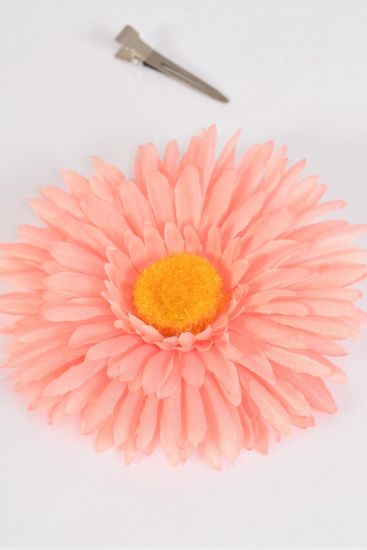 Flower Silk Flower Large Gerber Daisy Peach / 12 pcs Flower = Dozen    Peach , Size - 6" Wide , Alligator Clip & Brooch & Elastic Pony , Display Card & UPC Code , W Clear Box