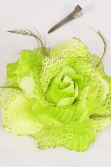 Flower Silk Flower Large Rose & Feathers Alligator Clip & Brooch Lime / 12 pcs Flower = Dozen  Size-5" Wide , Alligator Clip & Brooch , Display Card UPC Code , W Clear Box