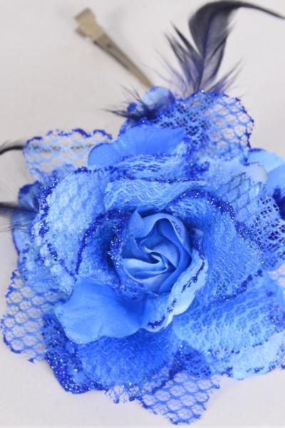 Flower Silk Flower Rose Mesh Feathers w Alligator Clip Brooch Mix Blue / 12 pcs Flower = Dozen Blue , Size - 5" Wide , Alligator Clip & Brooch , Display Card & UPC Code , W Clear Box 