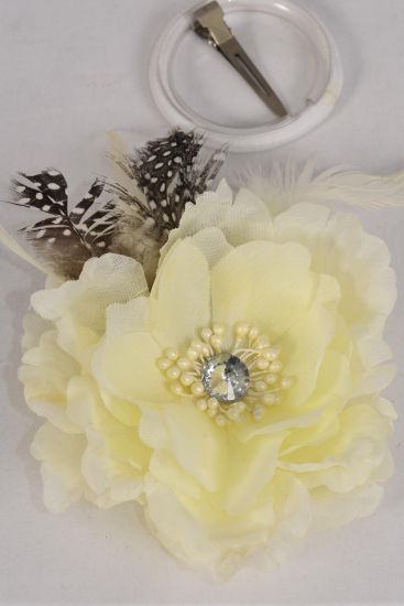 Flower Silk Flower w Feathers Beige Cream  / 12 pcs Flower = Dozen Size - 5.5" Wide , Alligator Clip & Elastic Pony & Brooch , Display Card UPC Code , Clear Box