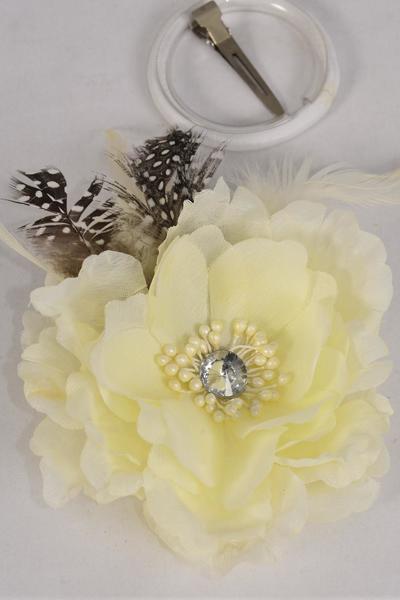 Flower Silk Flower w Feathers Beige Cream  / 12 pcs Flower = Dozen Size - 5.5" Wide , Alligator Clip & Elastic Pony & Brooch , Display Card UPC Code , Clear Box