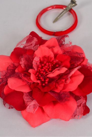 Flower Silk Lace Flower Jumbo 2 tone Red / 12 pcs Flower = Dozen  Size - 6" Wide , Alligator Clip & Brooch & Elastic Pony , Display Card UPC Code , Clear Box