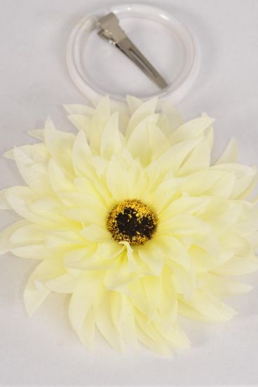 Flower Silk Flower Gerber Daisy Cream Beige / 12 pcs Flower = Dozen  Size - 5" Wide , Alligator Clip & Brooch & Elastic Pony , Display card & UPC Code , W Clear Box