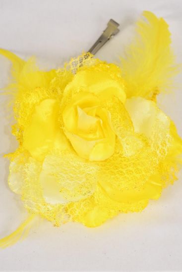 Flower Silk Flower Large Rose w Feathers Yellow / 12 pcs Flower = Dozen Size - 5" Wide , Alligator Clip & Brooch , Display Card UPC Code , W Clear Box