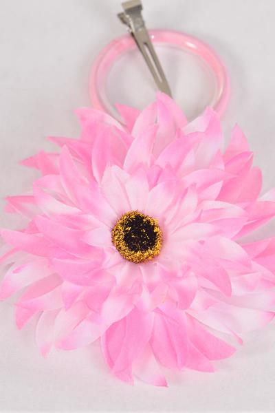 Flower Silk Flower Gerber Daisy Pink / 12 pcs Flower = Dozen  Size - 5" Wide , Alligator Clip & Brooch & Elastic Pony , Display card & UPC Code , Clear Box