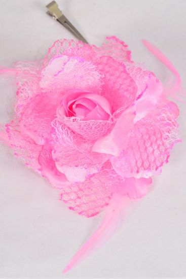Flower Silk Flower Rose Mesh Feathers w Alligator Clip Brooch Mix Pink / 12 pcs Flower = Dozen Size - 5" Wide , Alligator Clip & Brooch , Display Card & UPC Code , W Clear Box 