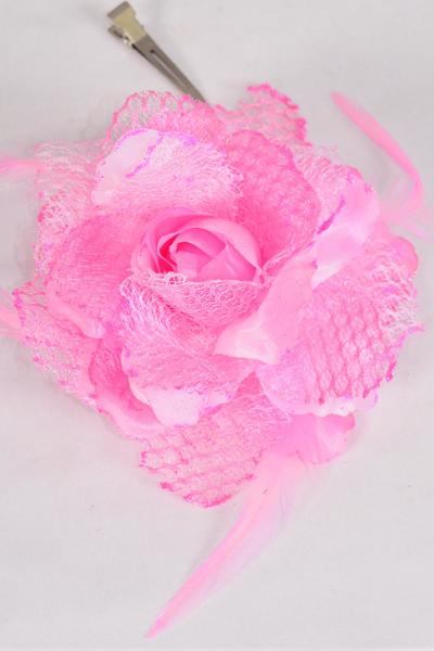 Flower Silk Flower Rose Mesh & Feathers Alligator Clip & Brooch Pink / 12 pcs Flower = Dozen  Size-5" Wide , Alligator Clip & Brooch , Display Card & UPC Code , W Clear Box 