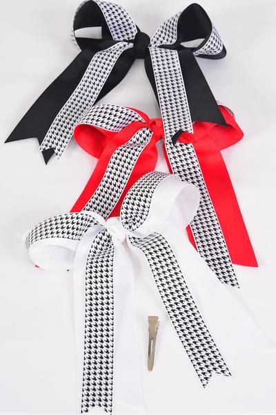 Hair Bow Jumbo Long Tail Double Layered Hound tooth Grosgrain Bow-tie / 12 pcs Bow = Dozen Alligator Clip , Bow - 6.5" x 6" Wide , 3 Black , 3 White , 3 Red , 3 Gray Asst , Clip Strip and UPC Code