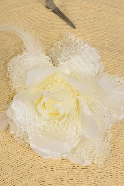 Flower Silk Flower Rose Mesh & Feathers Beige or Cream / 12 pcs Flower = Dozen Size-5" Wide , Alligator Clip & Brooch , Display Card & UPC Code , W Clear Box 