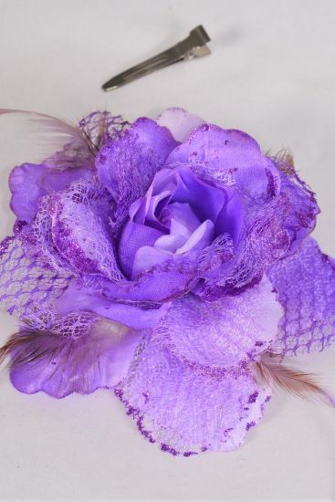 Flower Silk Flower Rose Mesh Feathers w Alligator Clip Brooch Mix Purple / 12 pcs Flower = Dozen Purple , Size - 5" Wide , with Alligator Clip & Brooch , Display Card & UPC Code , W Clear Box 