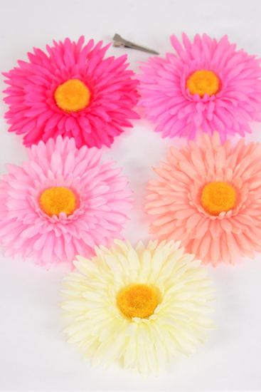 Flower Silk Flower Large Gerber Pink Mix / 12 pcs Flower = Dozen   Pink Mix , Size - 6" Wide , Alligator Clip & Brooch & Elastic Pony , 3 Fuchsia , 3 Beige , 2 Hot Pink , 2 Baby Pink , 2 Peach Color Asst , Clear Box