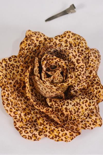 Flower Jumbo Rose Leopard Print  Brown Leopard / 12 pcs Flower = Dozen Size - 6" Wide , Alligator Clip & Brooch , Display Card & UPC Code , W Clear Box