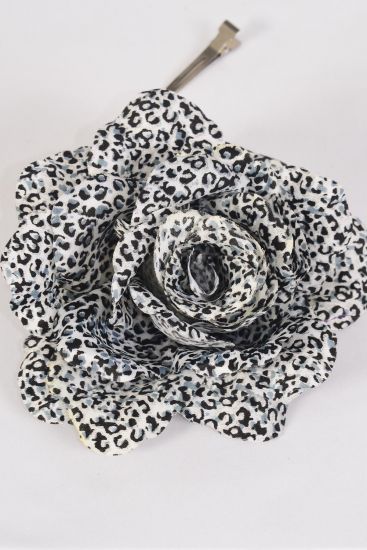 Flower Jumbo Rose Leopard Print Gray Leopard / 12 pcs Flower Dozen Gray , Size - 6" Wide , Alligator Clip & Brooch , Display Card & UPC Code , W Clear Box